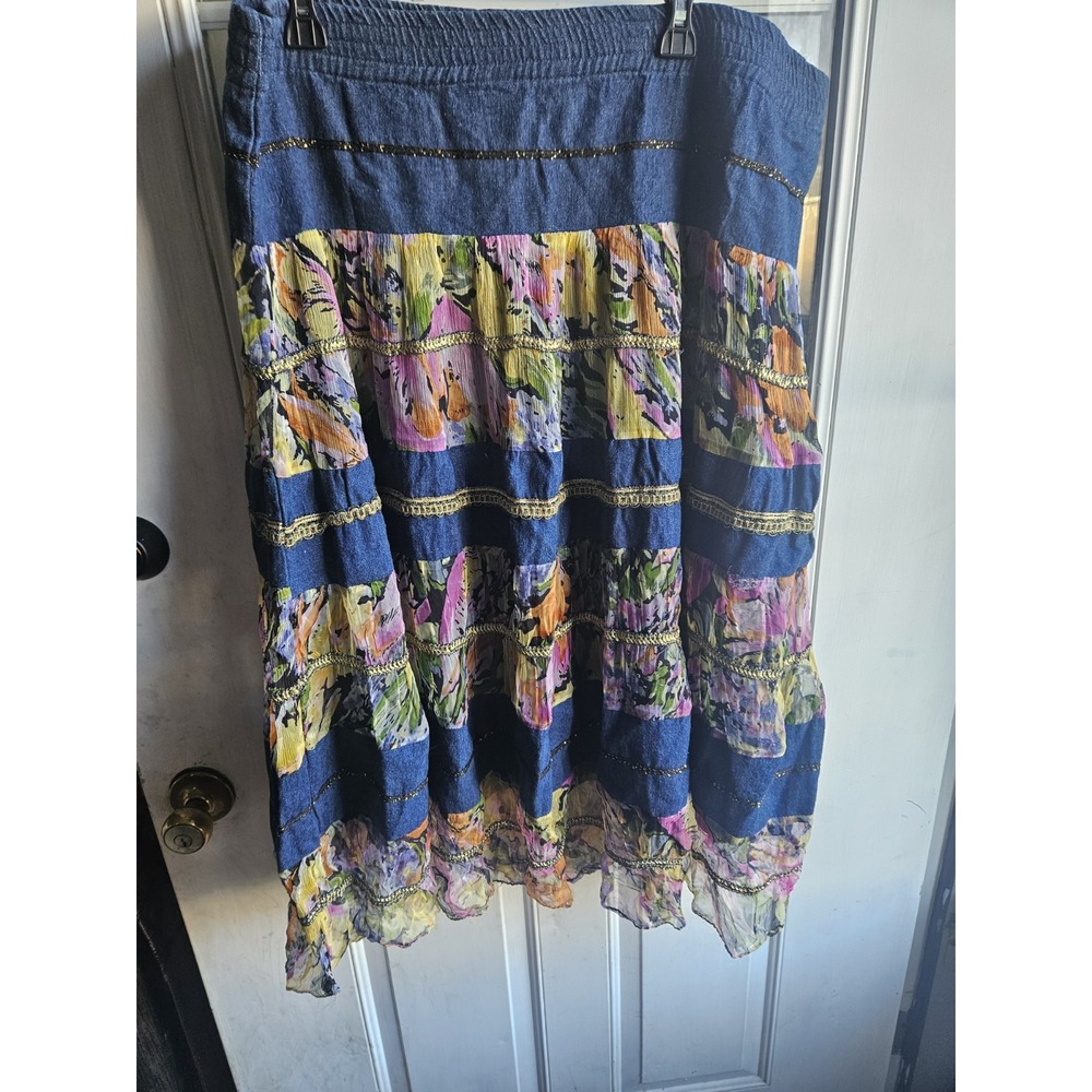 Pretty Bleu Y2k Vintage M L Western Tiered Denim Modest Maxi Skirt Boho Fairy
